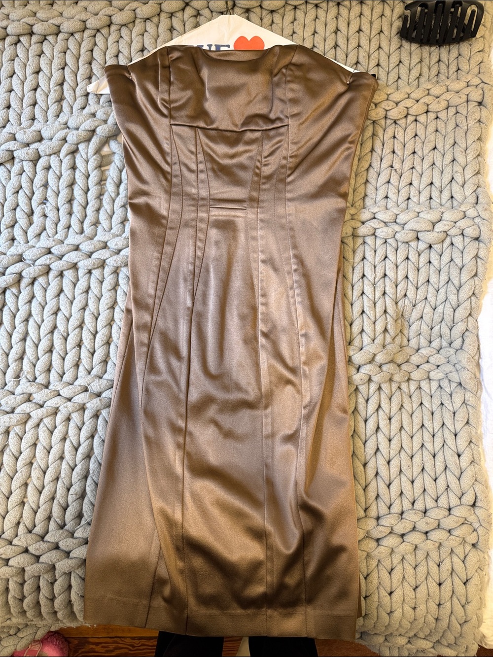bebe Strapless Satin Sheath Dress in Brown - Picture 1 of 2
